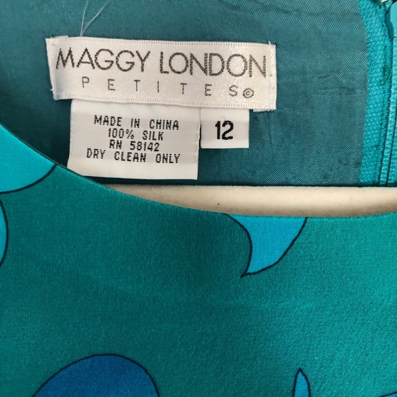 Silk dress Maggy London beautiful
 Floral Blue green sheath Vintage 12 P - Picture 6 of 9